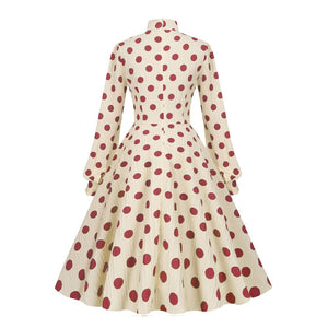 Women Vintage Bow Neck Polka Dot Elegant Midi Dress