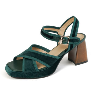 Women Vintage Sandals High Heels Square Toe Block Heels