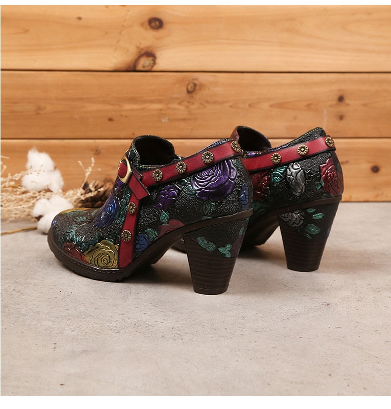 Women Retro Zip Round Toe Handmade Leather Shoes