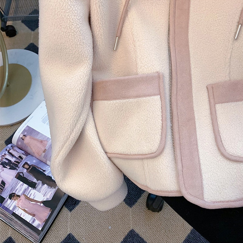 Women Patchwork Design Thick Plush Hoodies Coat