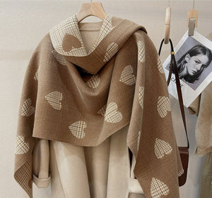 Women Cashmere Knitted Heart Plaid Scarf