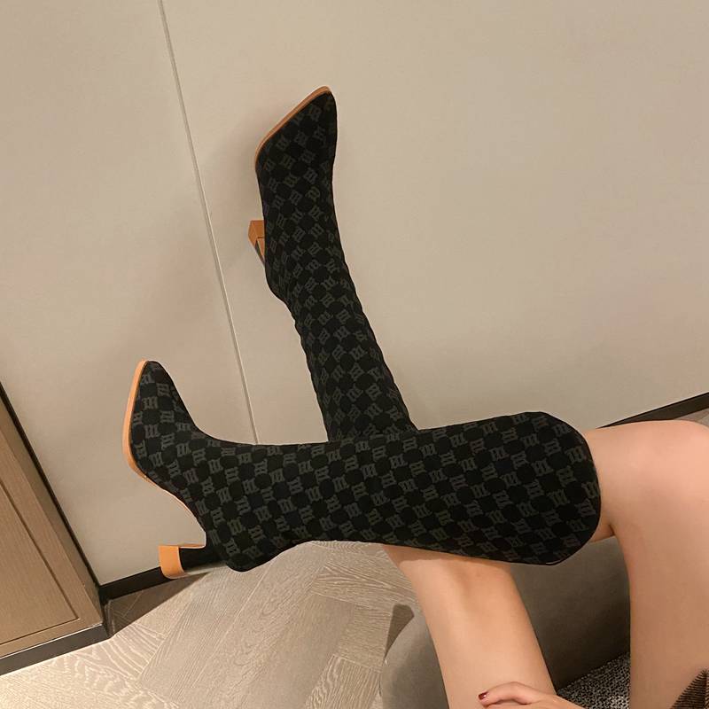 Women Knee-high Boots Pointed Toe Chunky Heels