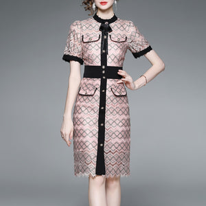 Women Pearl Lace Mesh Vintage Jacquard Slim Dress