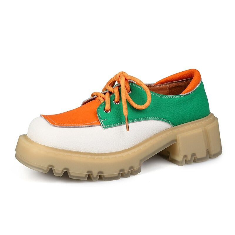 Women Med Heels Retro Genuine Cow Leather Block Shoes