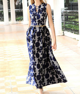 Women Floral Sleeveless Vestidos Jacquard Maxi Dress