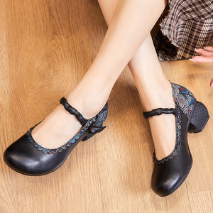 Women Retro Handmade Floral Genuine Cow Leather Shoes