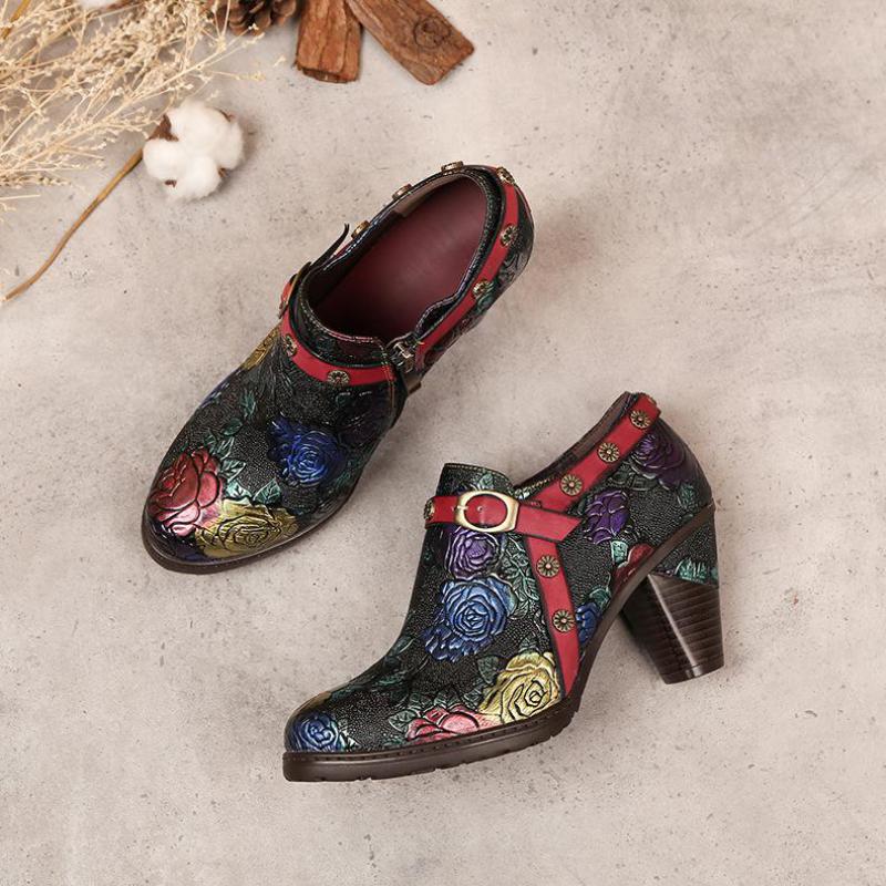 Women Retro Zip Round Toe Handmade Leather Shoes