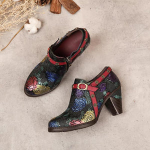 Women Retro Zip Round Toe Handmade Leather Shoes