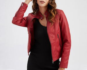 Women Slim Stand Collar PU Leather Coat Solid Outwear Jacket