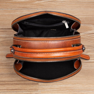 Women Vintage Genuine Leather Embossed Circular Handbags