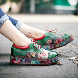 Women Floral Leather Round Head Muffin Heel Shoes