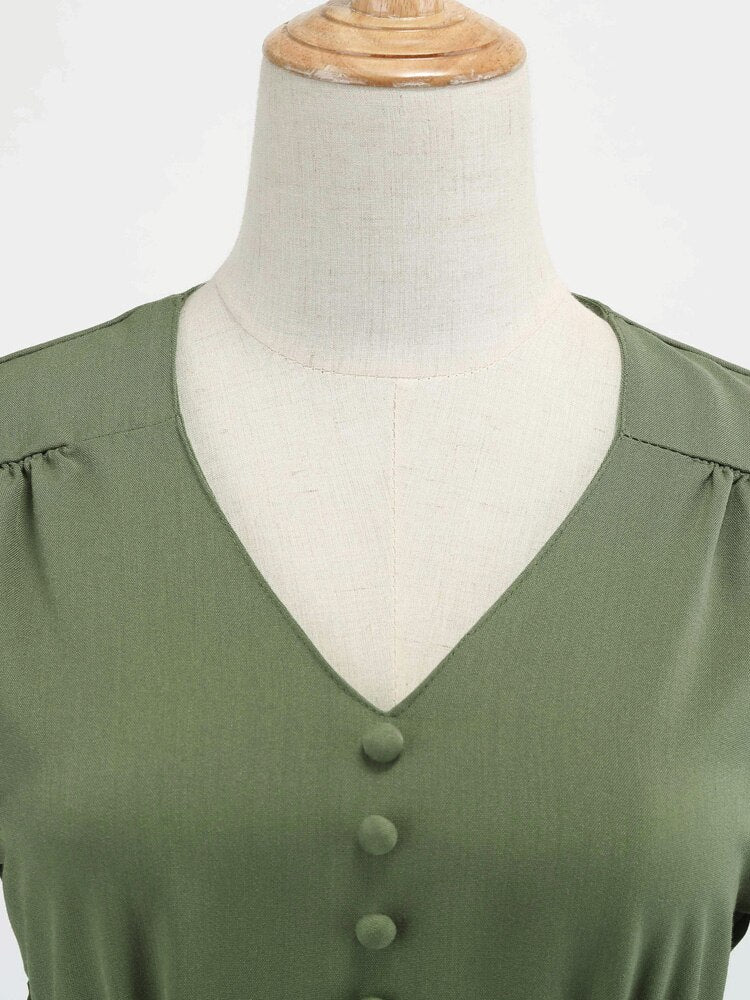 Women Vintage Bishop Sleeve V-Neck Swing Dress