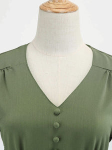 Women Vintage Bishop Sleeve V-Neck Swing Dress