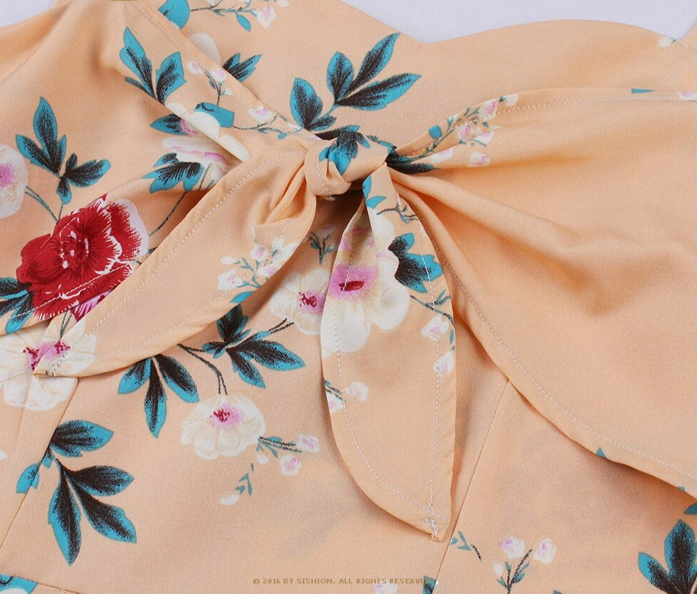 Women Vintage Spaghetti Strap Bow Floral Dress