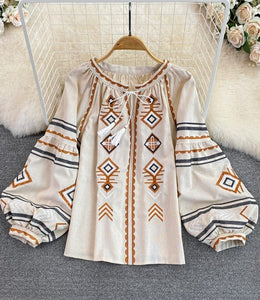 Women Retro Loose Embroidery Pullover Shirt