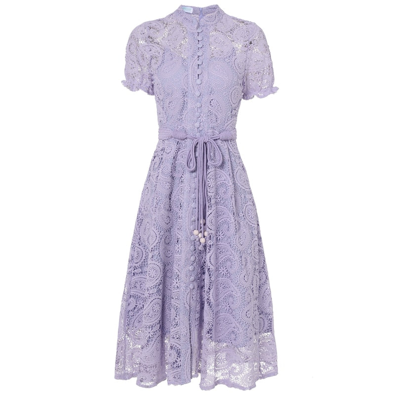 Women Runway Hollow Out Embroidery Vintage Mesh Dress