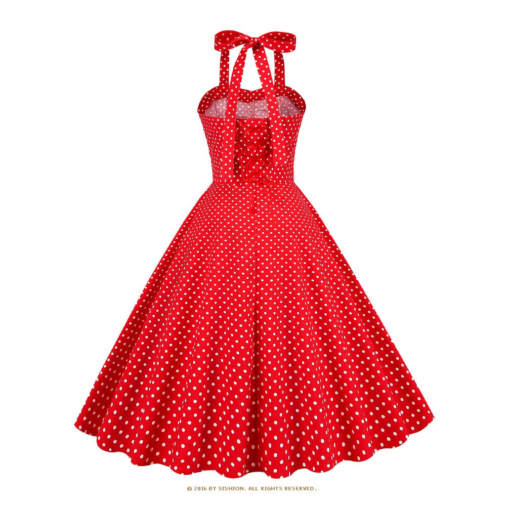 Women Polka Dots Retro Pin Up Halter Vintage Dress