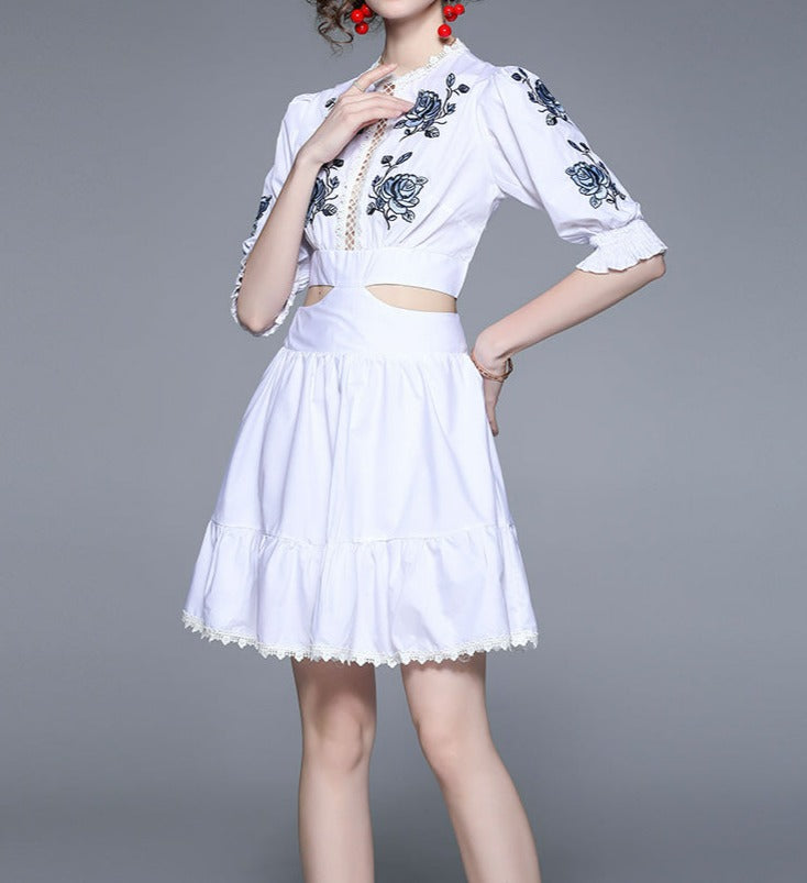 Women Embroidered Puff Sleeves Chic Temperament Lace Mini Dress