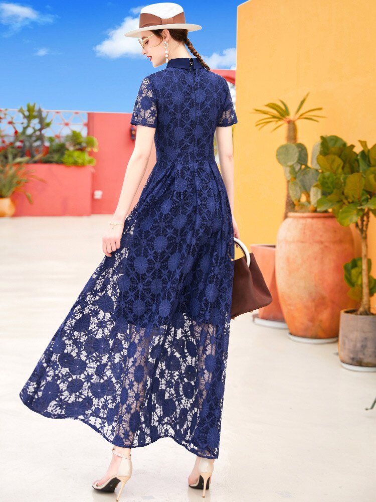 Women Floral Vintage Long Maxi Lace Dress