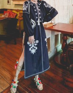 Women Embroidered V-neck Tie Split Retro Dress