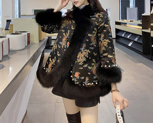 Women Embroidery Thick Warm Winter Luxury Furry Jacket