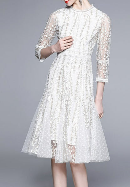 Women Mesh Embroidery Vestidos Midi Dress