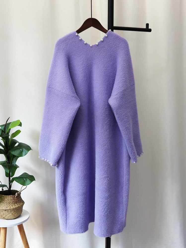 Women Beaded Imitation Mink Knitted Cardigan