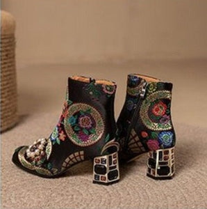 Women Embroidery Ankle High Heels Boots