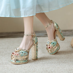 Women Floral Metallic Studded Square Heels Sandal