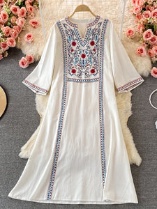 Women Retro Boho Embroidered V-neck Dress