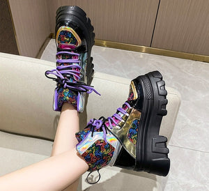 Women High Top Bling Chunky Ankle Motorcycle Boots