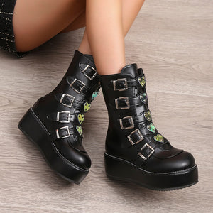 Women Heart Buckles Goth Platform Motorcycles Boots