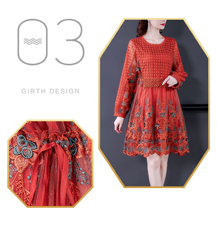 Women Mesh Embroidery Patchwork Vintage Lace Hollow Out Mini Dress