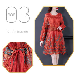 Women Mesh Embroidery Patchwork Vintage Lace Hollow Out Mini Dress