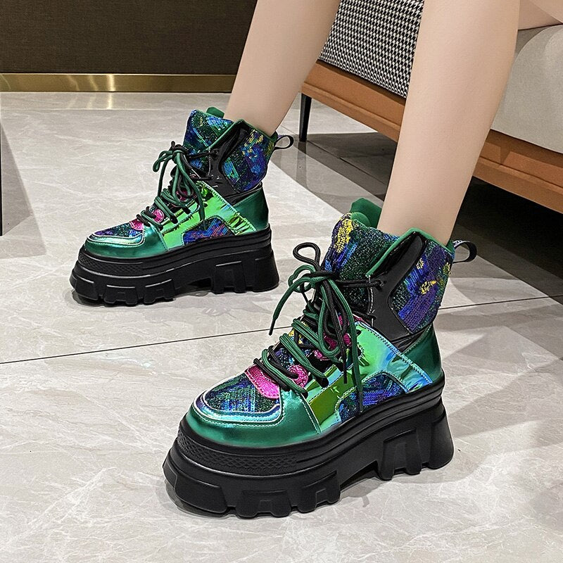 Women High Top Bling Chunky Ankle Motorcycle Boots