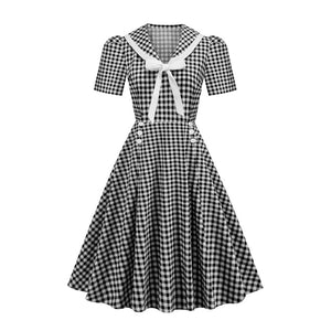 Women Retro Puff Sleeves Vintage Buttons Plaid Dress