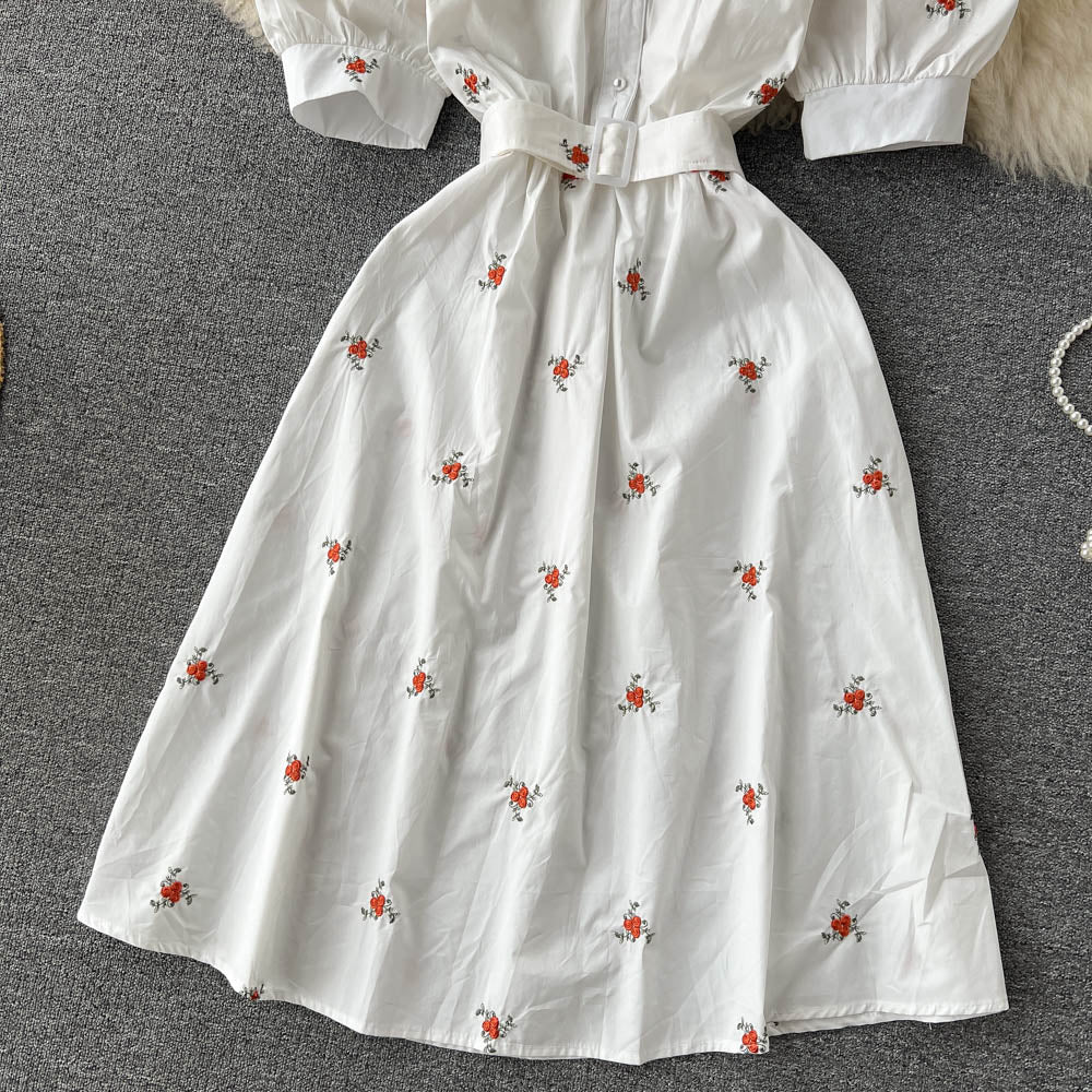 Women Floral Embroidery Belted Dress