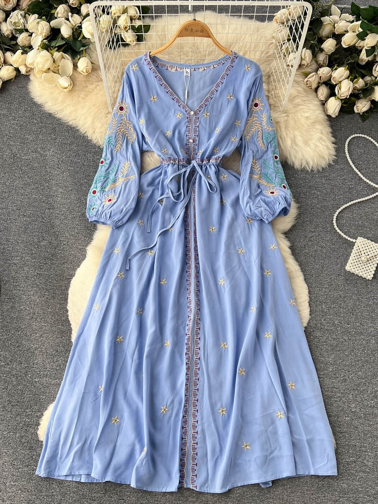 Women Bohemian Embroidery Lace Up Vestidos Dress