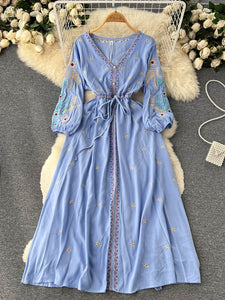 Women Bohemian Embroidery Lace Up Vestidos Dress