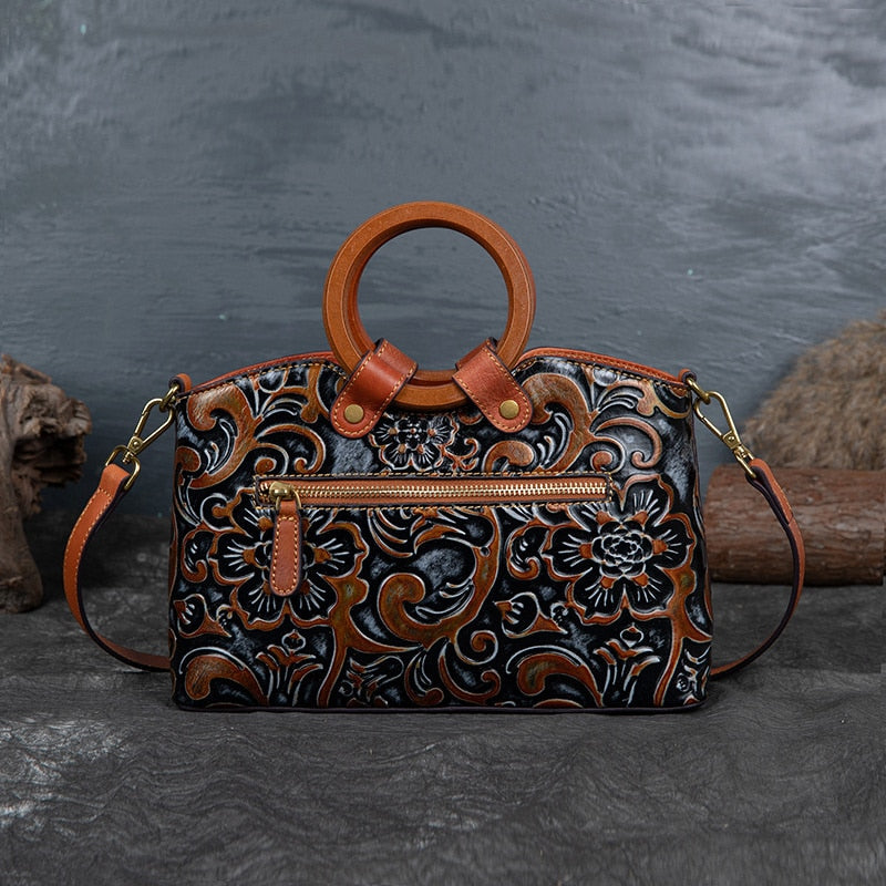 Women Retro Genuine Leather Handmade Embossed Shoulder Bag