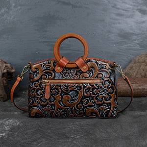 Women Retro Genuine Leather Handmade Embossed Shoulder Bag
