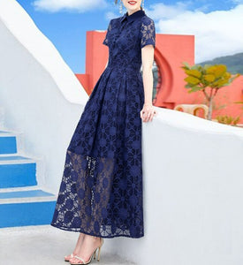 Women Floral Vintage Long Maxi Lace Dress