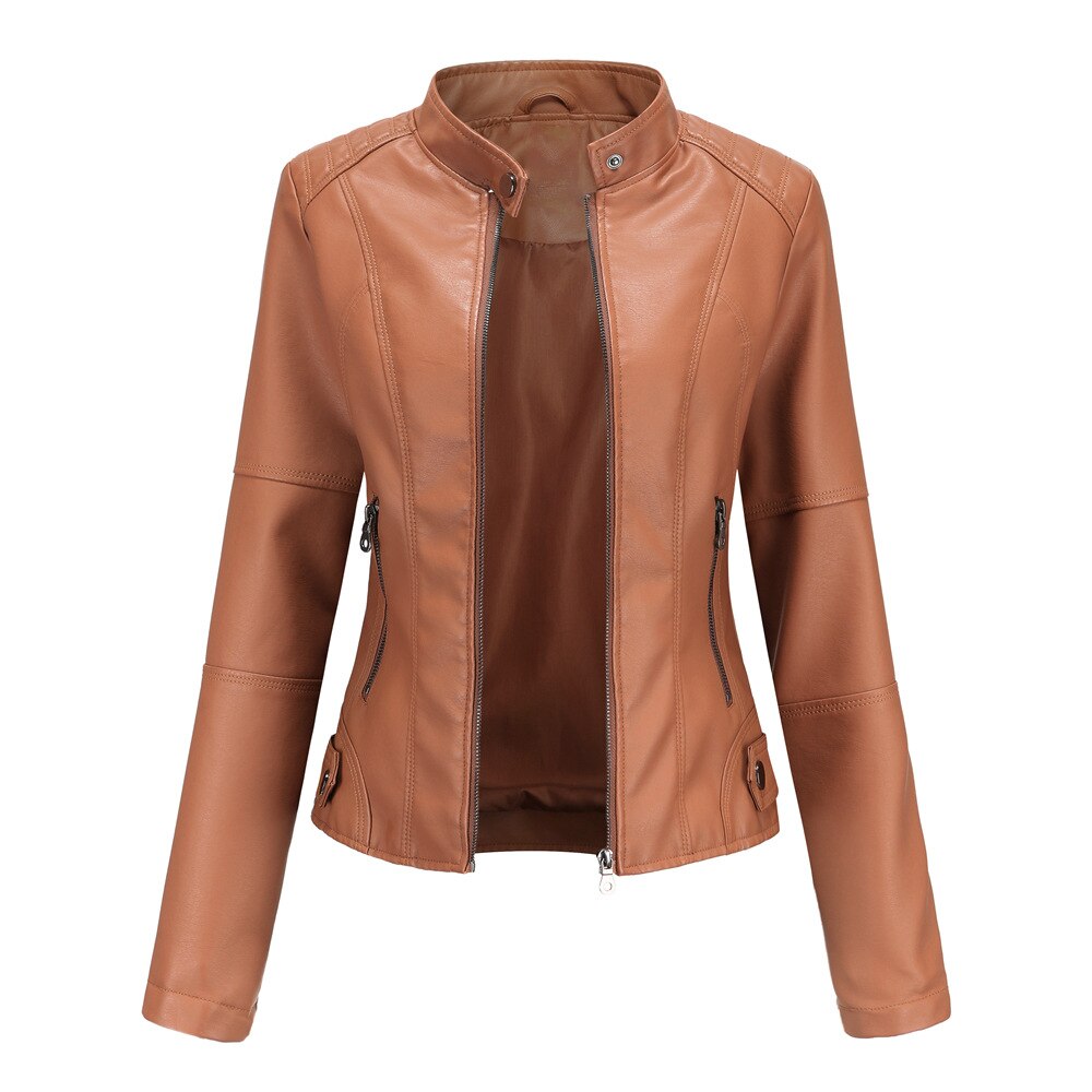 Women Slim Stand Collar PU Leather Coat Solid Outwear Jacket
