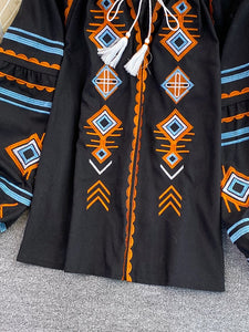 Women Retro Loose Embroidery Pullover Shirt