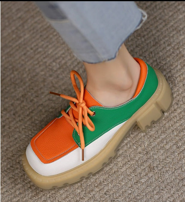 Women Med Heels Retro Genuine Cow Leather Block Shoes