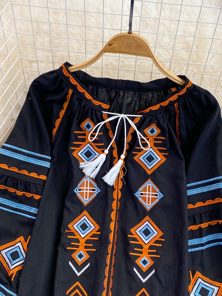 Women Retro Loose Embroidery Pullover Shirt