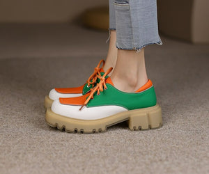 Women Med Heels Retro Genuine Cow Leather Block Shoes