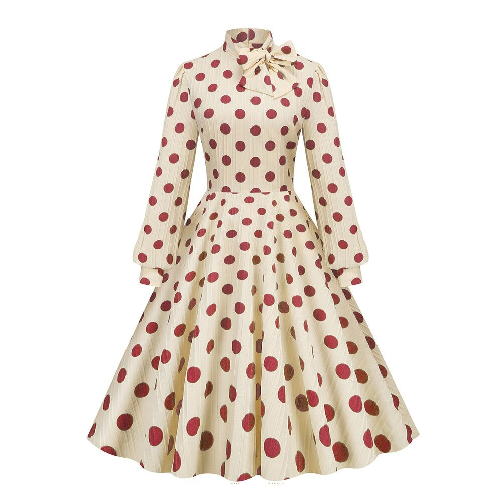 Women Vintage Bow Neck Polka Dot Elegant Midi Dress