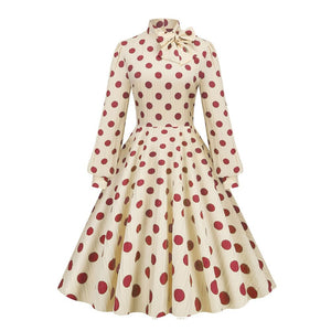 Women Vintage Bow Neck Polka Dot Elegant Midi Dress