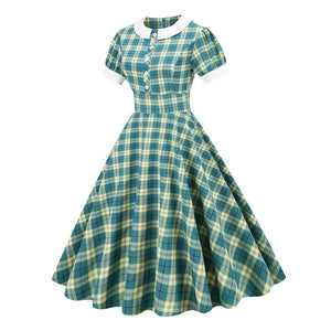 Women Hepburn Short Sleeve Vintage Retro Plaid Dress